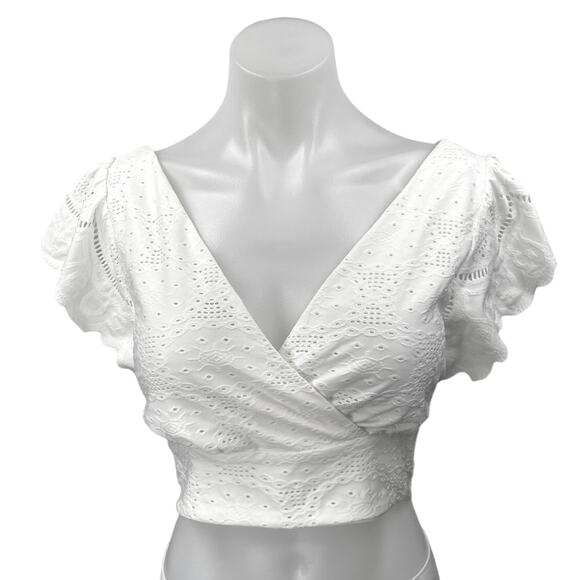 Urban Romantics White Eyelet Frill Flutter Sleeve Smocked Wrap Blouse Crop Top M - Picture 1 of 3